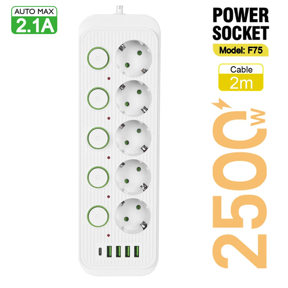 EU Plug Power Strip With USB Ports 2m Extension Cable Surge Protector