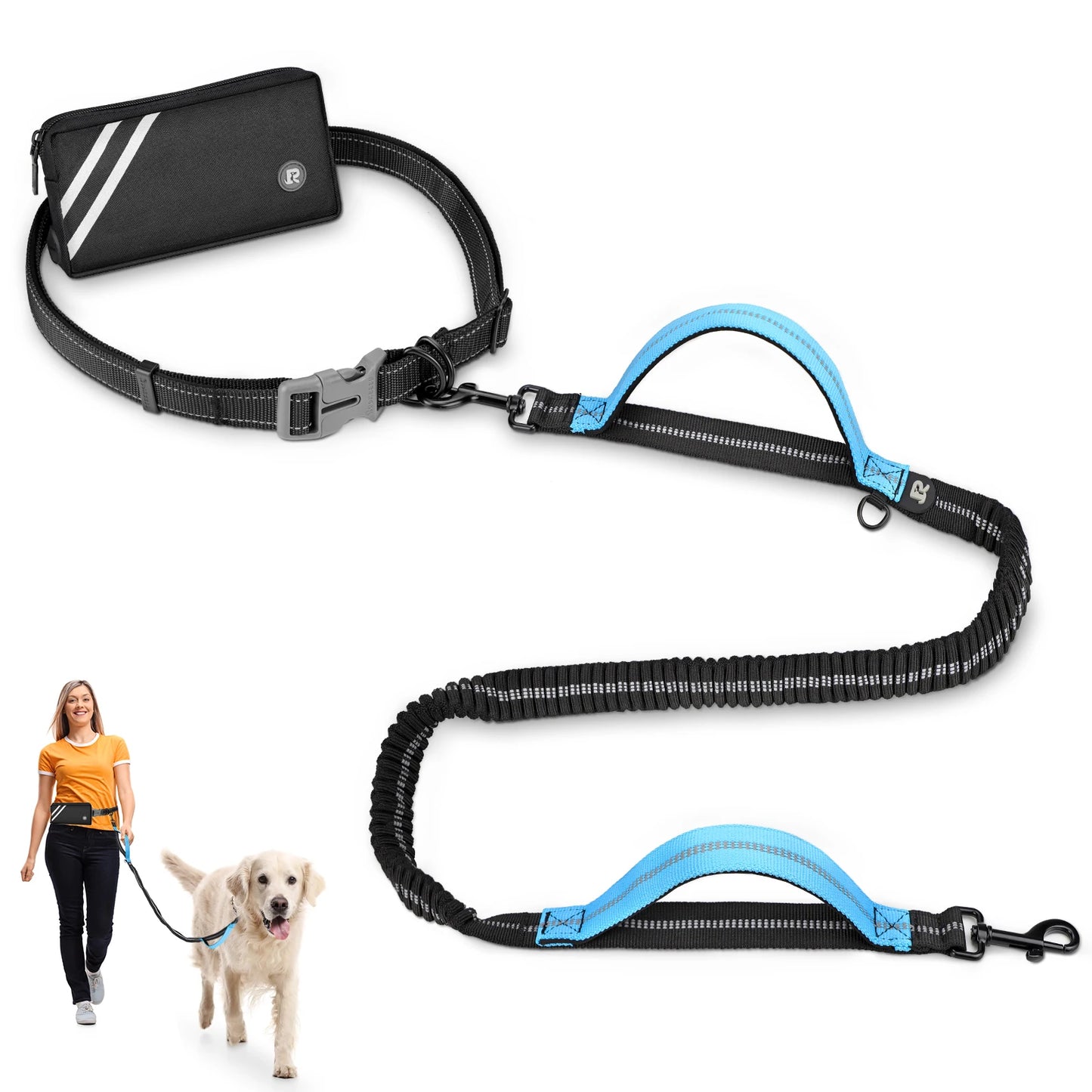 Hands Free Dog Leash with Zipper Pouch, Dual Padded Handles and Durable Bungee for Walking, Jogging and Running Your Dog