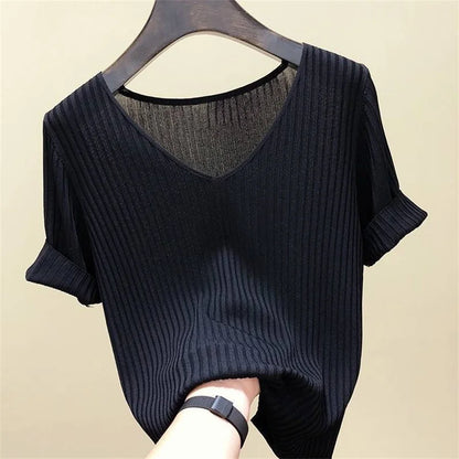 Women's Summer Short Sleeve Knitted Polyester Blouse V-Neck Top