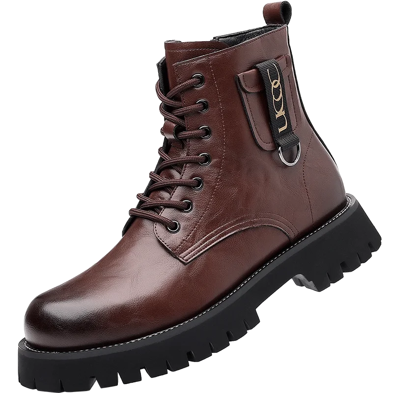 Mens Genuine Leather Motorcycle Boots Mid Calf With Thick Sole