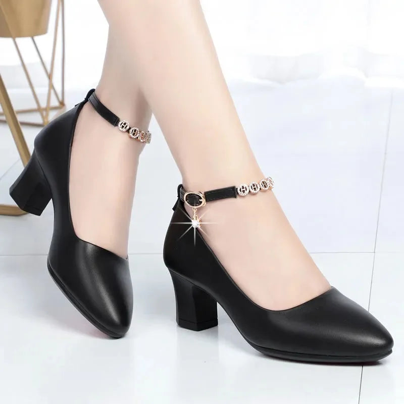 Women's Pumps Black Soft Patent Leather Square Heel With Buckle