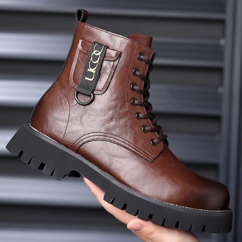 Mens Genuine Leather Motorcycle Boots Mid Calf With Thick Sole