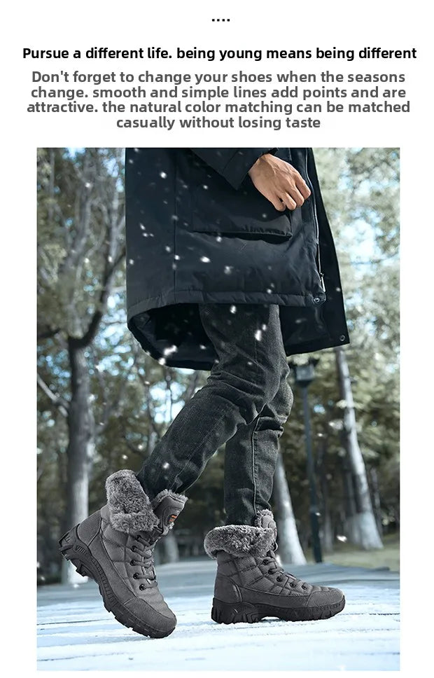 Men Winter Snow Boots Waterproof Leather High Top Plush Lined MidCalf Big Size