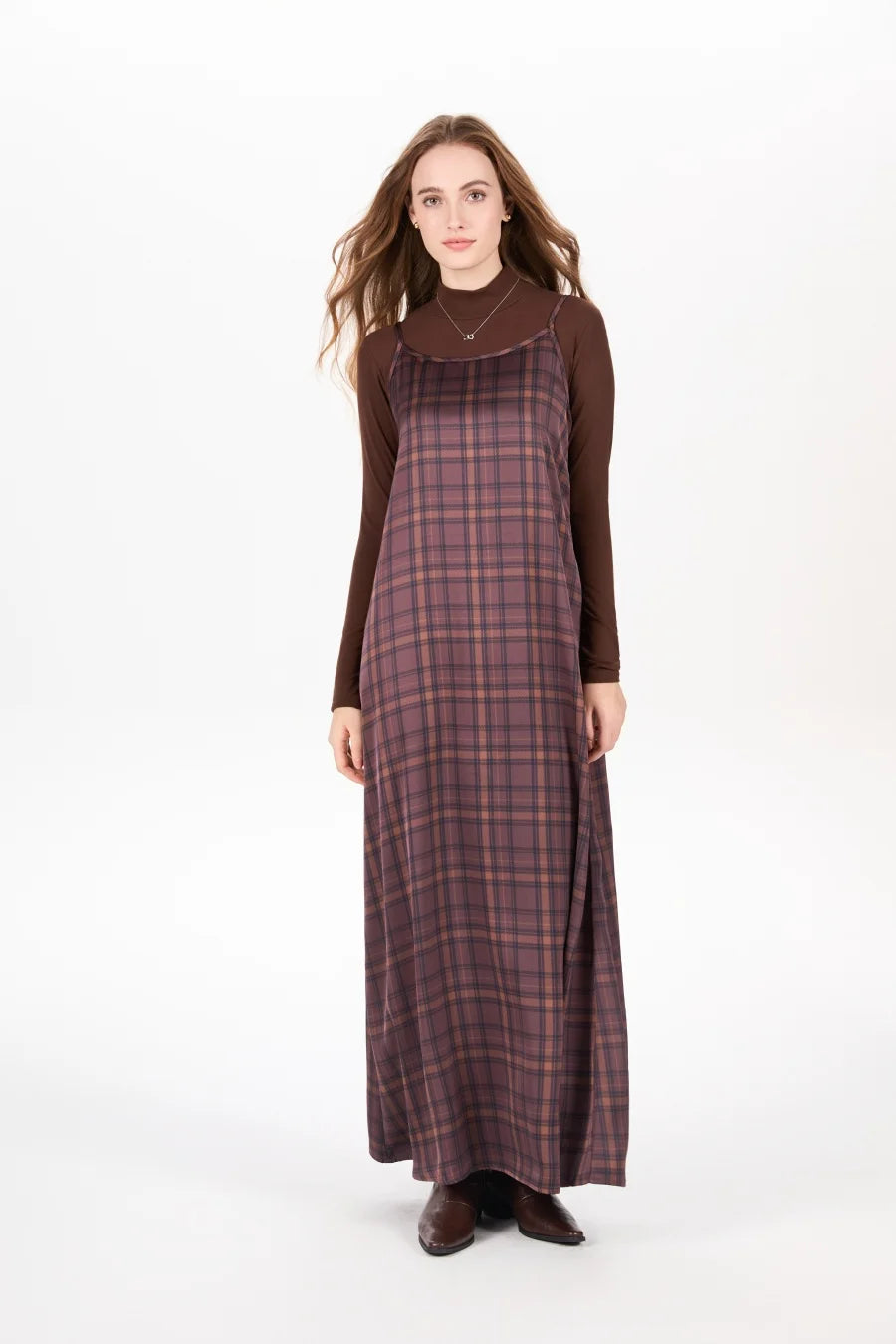 AS AW25 elegance slip satin dress + knitting cross top +mockneck woman clothing set adjustable maxi floor length