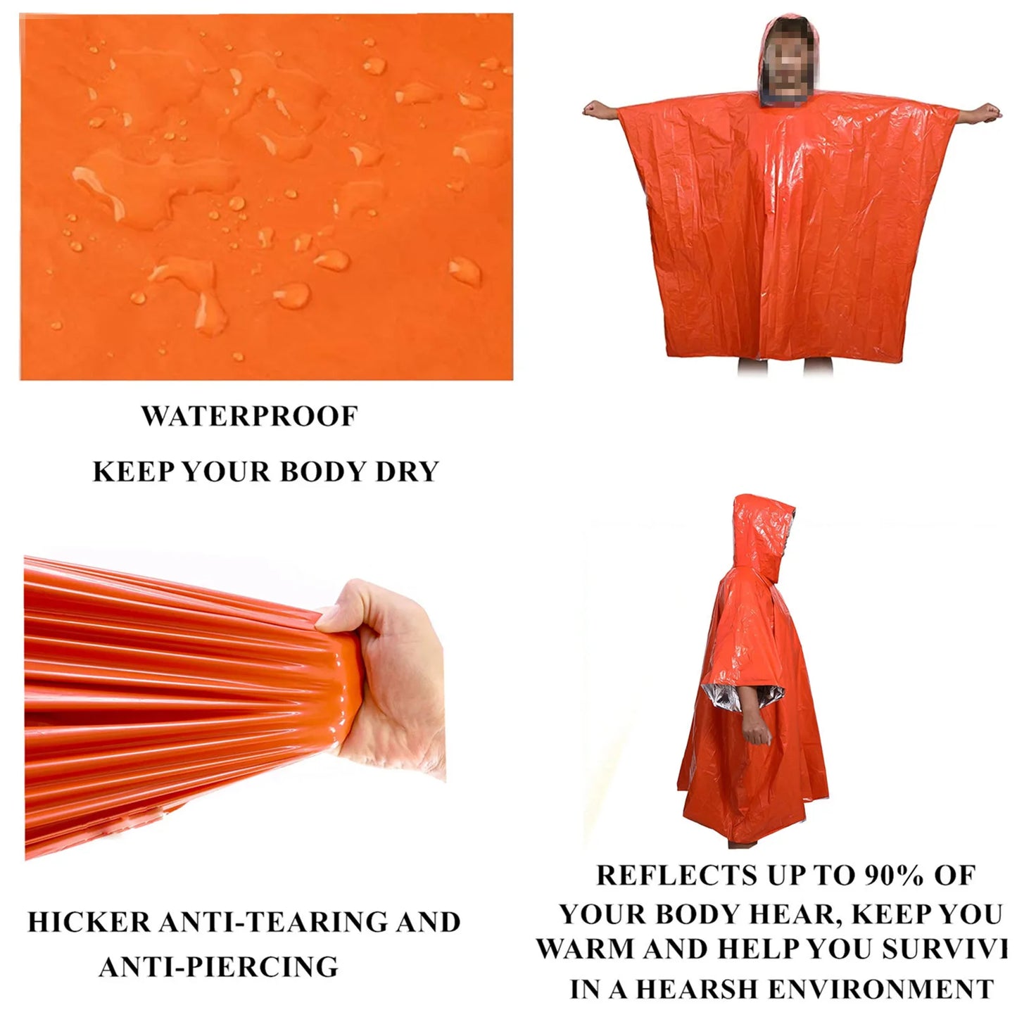 Emergency Rain Poncho With Thermal Blanket Waterproof 100x130cm Orange and Green