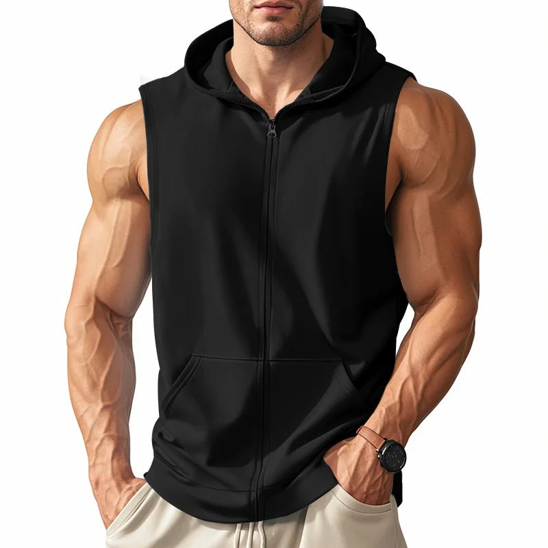 Summer Men's Hooded Zipper Tank Tops Casual Fitness Sports Vest Fashion Zipper Sleeveless Cardigan Tees Tops Male running Vest