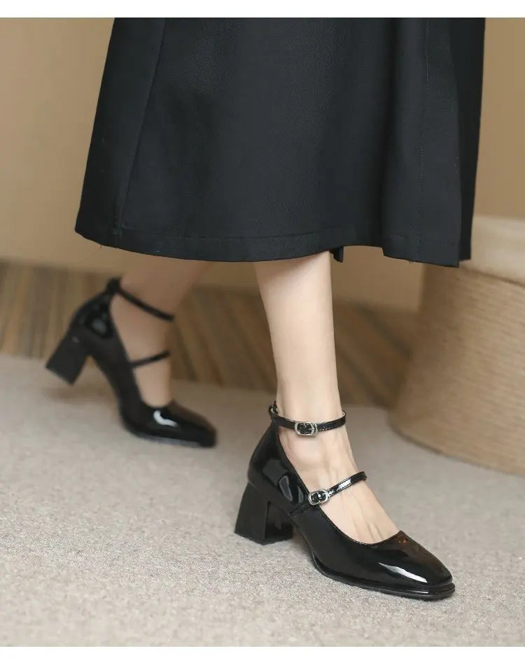 Leather Mary Jane Pumps Buckle Strap Shallow Square Toe High Heel Women