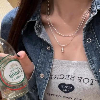 Silver Drop Pendant Necklace, Long Layered Double Collar Chain for Women