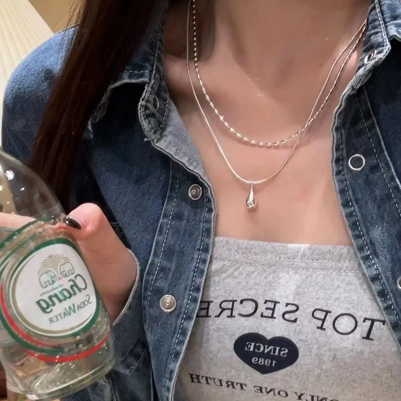 2025 Silver Simple Design Drop Pendant Necklace for Women Double Collar Chain Fashion Fine Jewelry Gifts Long Layered Necklace