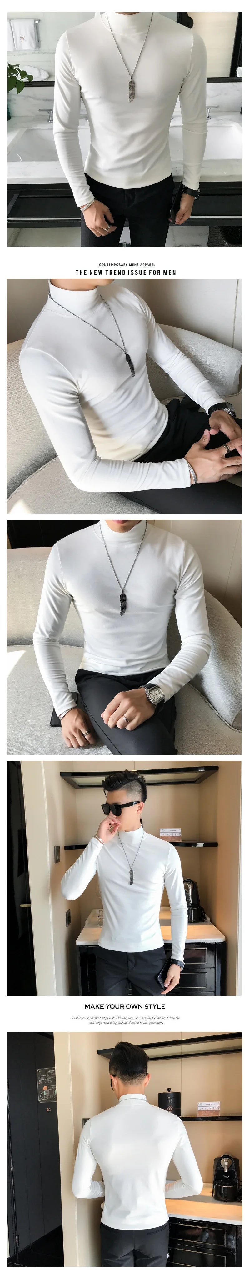 Spring New Men's Turtleneck T-shirt Long Sleeve Slim Fit Solid Color High Elastic Bottoming Pullovers Basic Style Male Tops