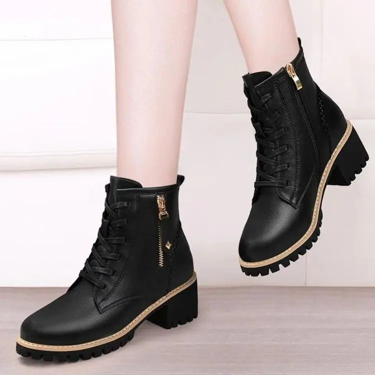 Women's Chunky Sole Ankle Boots     Lace-Up & Side-Zip Combat Boots Winter Fleece-Lined Booties Versatile Leather Boots Platfo