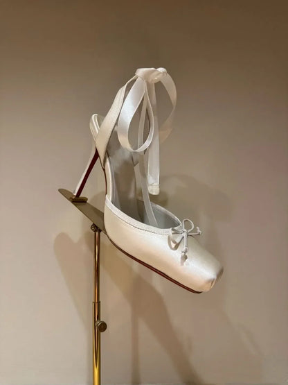 Women's Square-Toed Satin High Heel Sandals With Ankle Straps