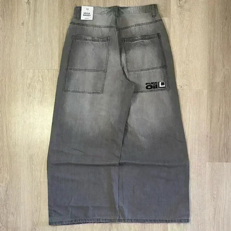 Embroidered Letter Loose Wide Leg Jeans, Stripe Pattern, Men