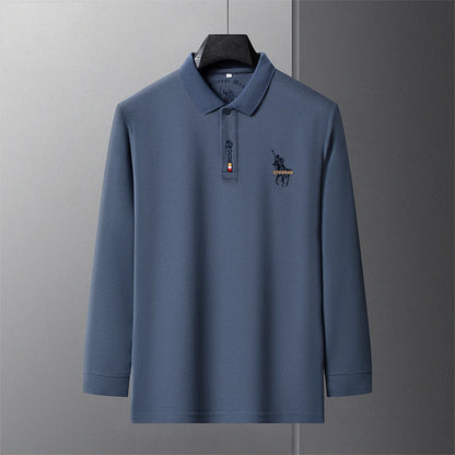 Men's Long Sleeve Polo Shirt Polyester Knit With Horse Embroidery