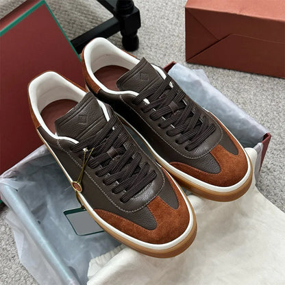 Men's Genuine Leather Lace Up Round Toe Trainer Shoes White