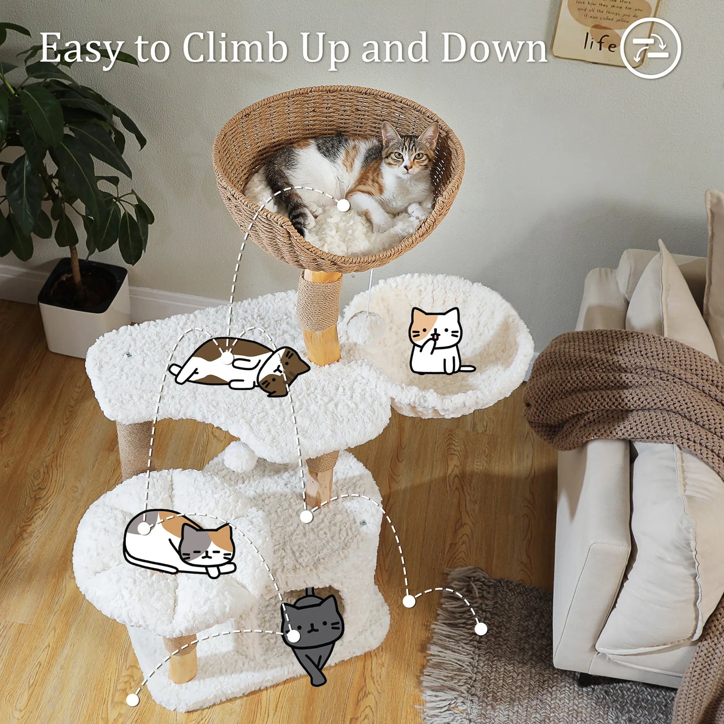 Solid Wood Cat Tree Modern Cat Tower with Spacious Cat Condo,Flower Perches,Fun Pompom,Double Comfort Perfect for Indoor Kittes