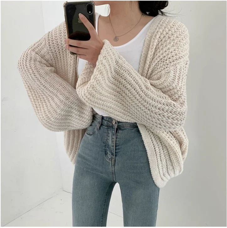 Vintage Harajuku Lantern Sleeve Women Cardigan Sweater Casual Korean Fall Streetwear Tops Coat Chic Lazy Wind Y2k Sweater