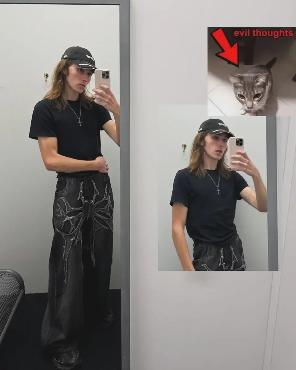 Baggy Jeans With Embroidery Splicing Pattern Y2K Vintage Wide Leg