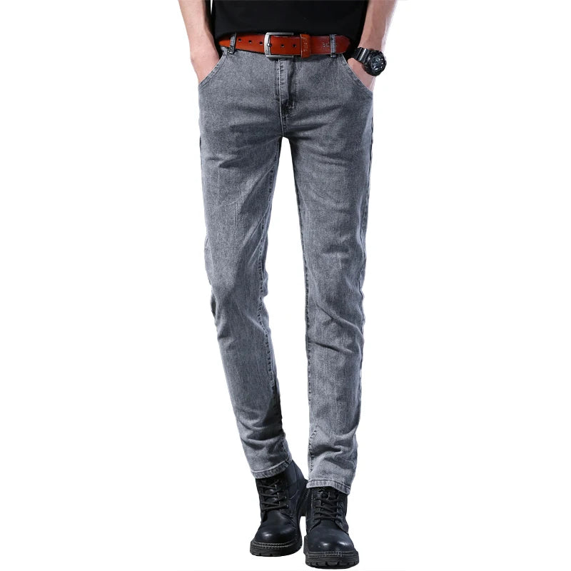 Men's Slim Fit Jeans Gray Elastic Mid-Waist Denim Straight Leg