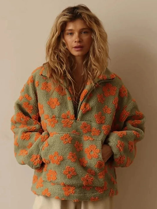 Blubelle New Autumn Winter Women's Sherpa Floral Pullover Hoodies Half Zip Style Loose Fit Warm Stylish Sweatshirt