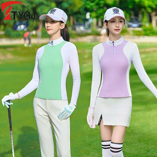 TTYGJ Autumn Spring Golf Clothing Women Contrast Color Golf Base Shirt Ladies Zipper Collar Soft Tops Slim Casual Sportswear