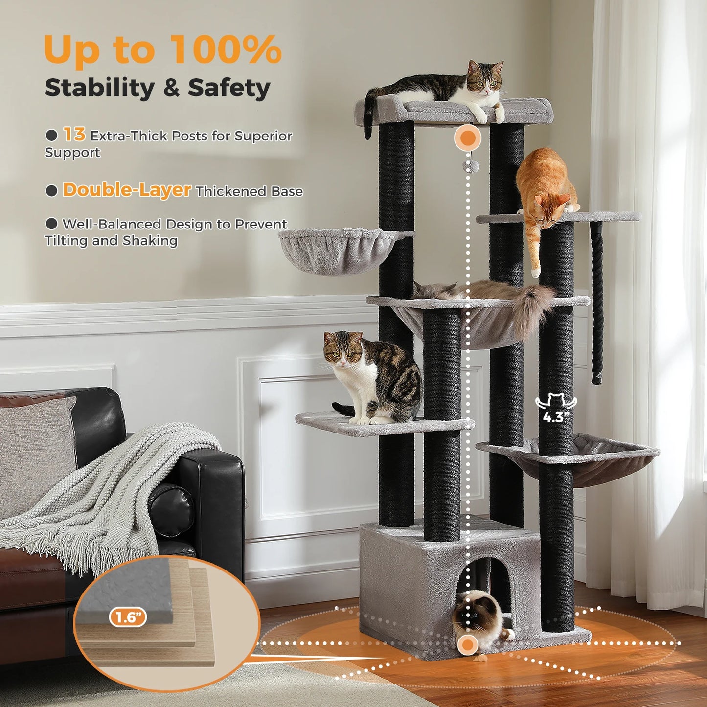 Multi-Level Cat Tree with Scratching Posts, Cozy Condo, Super Large Perch, Deep Hammocks, Tall Cat Tower for Indoor Adult Cats