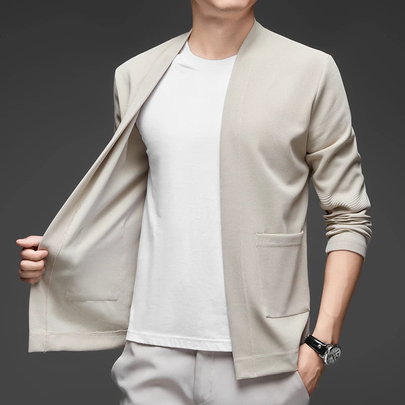 New Men's Business Casual Long Sleeved Solid Color Cloak Jacket Knitted Comfortable and Fashionable All Season Versatile Top