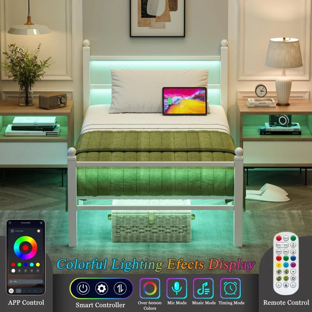 Twin Size Bed Frame with LED Lights & Charging Ports, Heavy Duty Metal Slats, Noise Free, Easy Assembly for Kids Room
