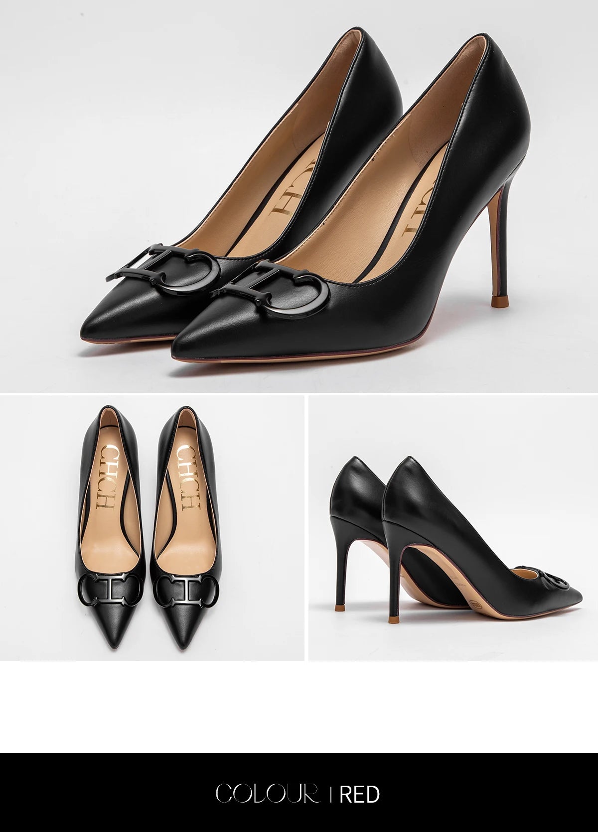 Women's Pointed Toe Pumps With Ankle Strap, 9cm Heel, Metal Buckle