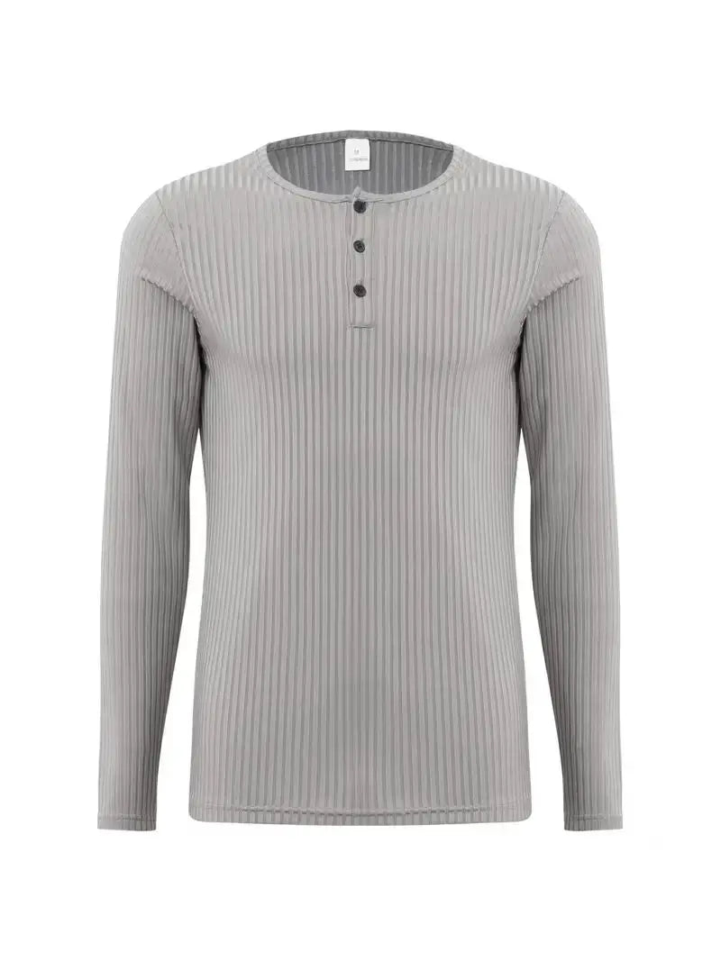 Autumn Men's Collarless Breasted Henry Shirt Top Fitness High Stretch Base Shirt Solid Color Plus Size Casual Long Sleeve