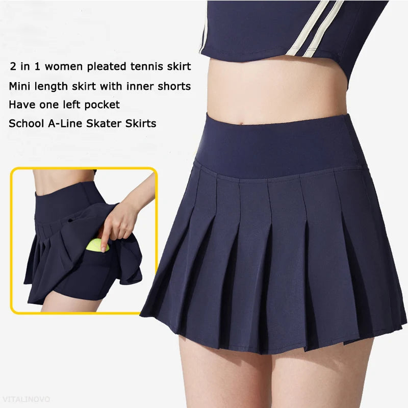 VITALINOVO Womens Girl High Waisted Pleated Tennis Skirt School A-Line Skater Skirts with Lining Shorts Golf Athletic Skort