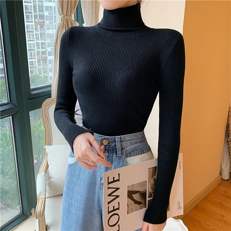 2025 Autumn Winter Women Long Sleeve Knitted Foldover Turtleneck Ribbed Pull Sweater Soft Warm Femme Jumper Pullover Clothes