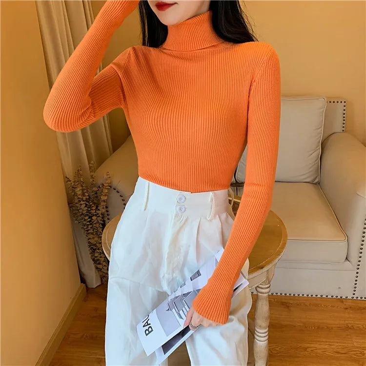 2025 Autumn Winter Women Long Sleeve Knitted Foldover Turtleneck Ribbed Pull Sweater Soft Warm Femme Jumper Pullover Clothes