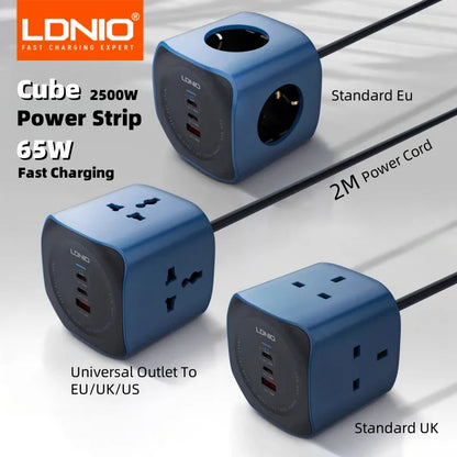 3-Outlet Cube Power Strip 2m Cord 65W Surge Protector USB UK US EU Plugs