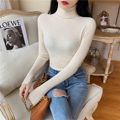 Women's Foldover Turtleneck Ribbed Knit Sweater Long Sleeve