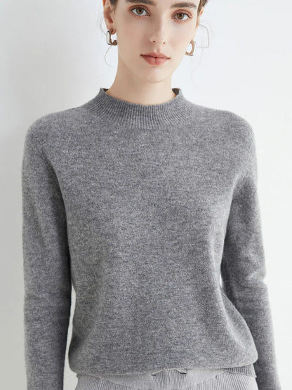 Women Mock Neck Knit Pullover Sweater Solid Cotton Acetate Autumn Winter
