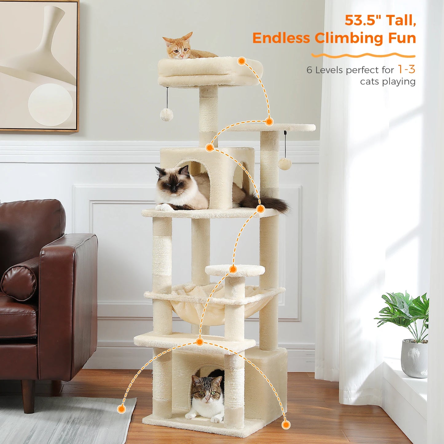 Spacious Cat Tree Tower with Hammocks and Scratching Posts
