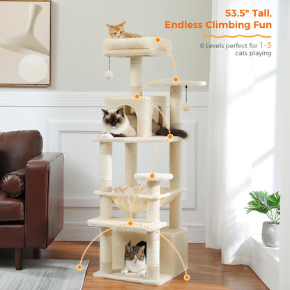 Cat Tree Tower With Five Levels, Wood Frame, Plush Fabric, Sisal
