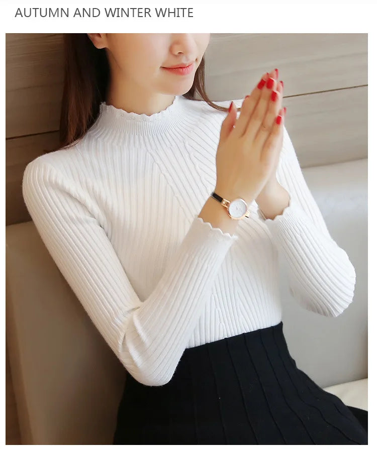 2025 Autumn Women Mock Neck Ruffles Sweater Long Sleeve Knitted Bottoming Solid Pullovers Stripe Women Casual Sweater Winter