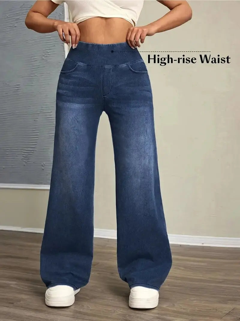 Women's Jeans New Elastic Waist High Stretch Loose Straight-Leg Pants Trendy Comfortable Versatile Cross-Border