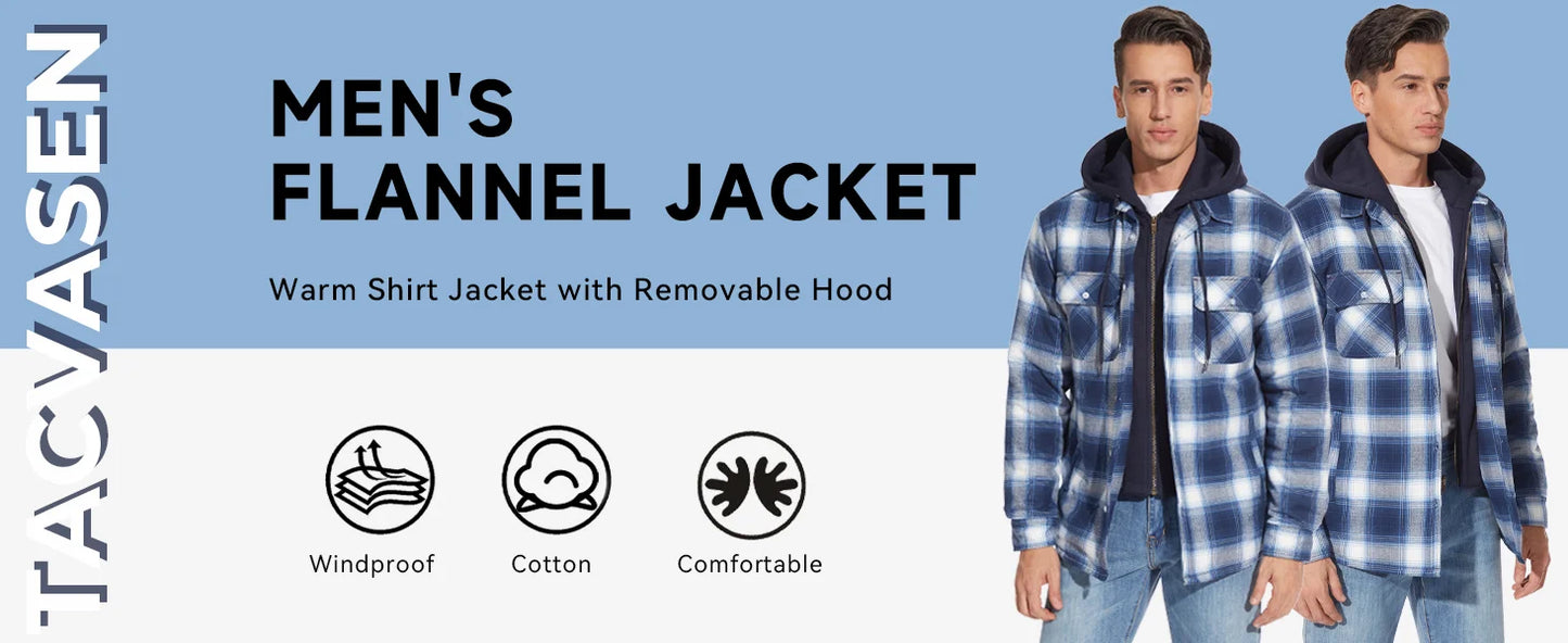 TACVASEN Men's Flannel Shirt Jacket with Removable Hood Plaid Quilted Lined Winter Coats Thick Hoodie Outwear Man Fleece Shirts