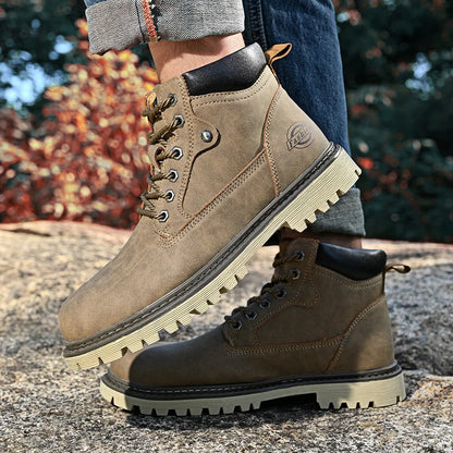 Leather Men Work Boots Mid Calf Ankle High Top Non Slip