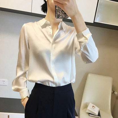 Satin Long Sleeve Blouse For Women Button Front Turn Down Collar Solid