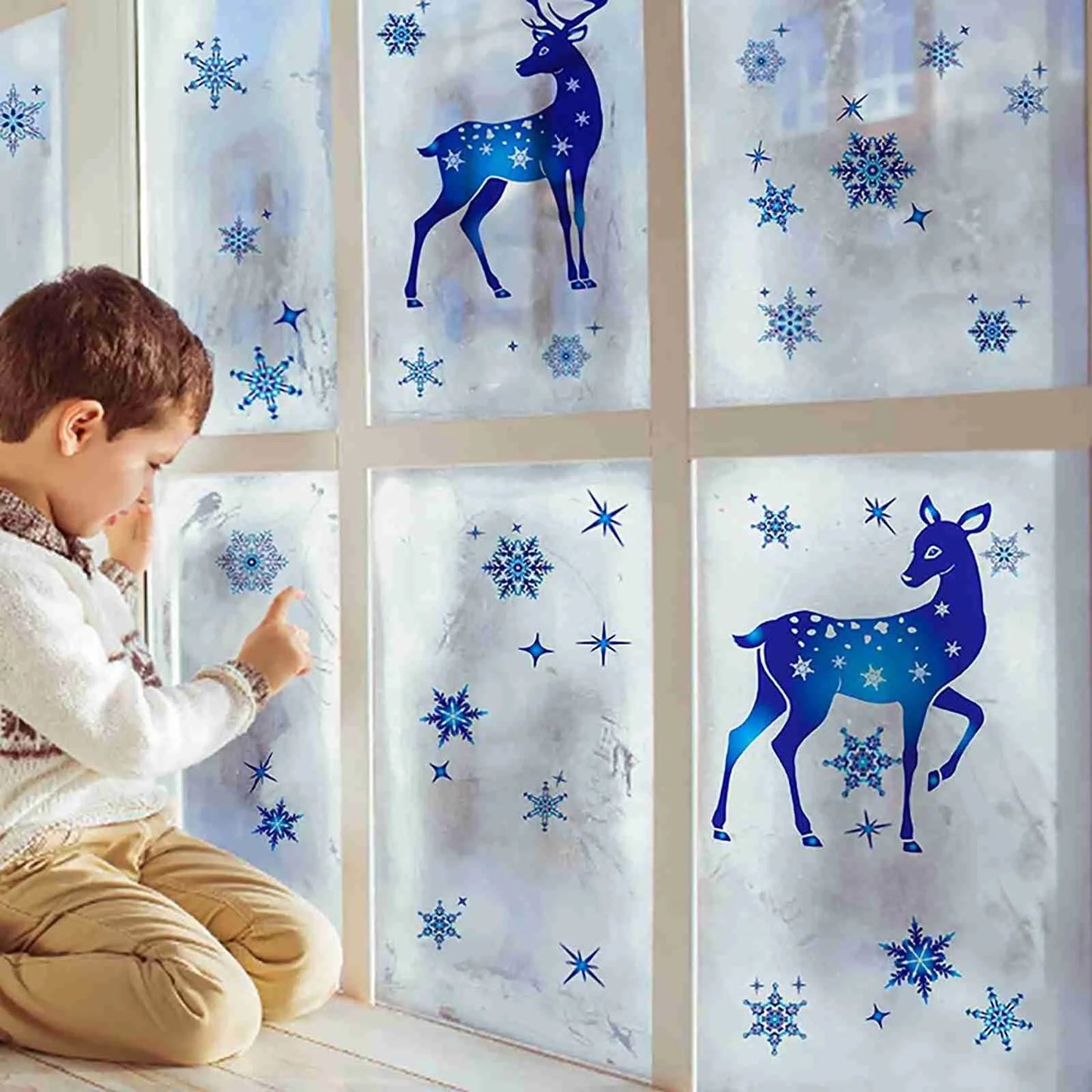 Holiday Window Clings – Blue Snowflake & Elk Christmas Static Stickers for Festive Wall & Glass Decor