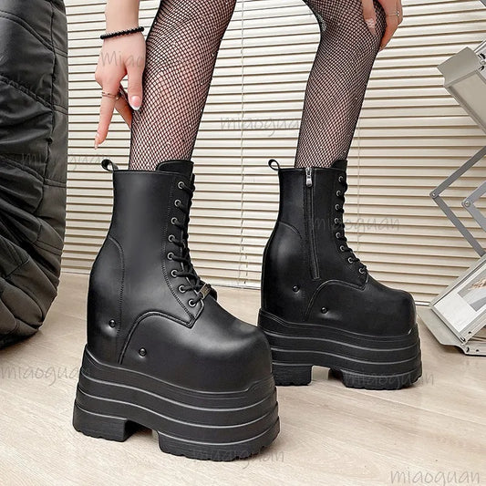 Height Increasing Women's High Boots Black Leather Thick Bottom Platform Shoes Side Zip Gothic Punk Short Boots Street Style