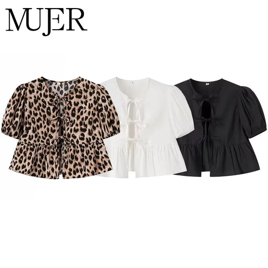 MUJER Leopard Print Crop Top Women Puff Sleeve Ruffle Blouses Woman 2025 Summer Shirts and Blouses for Women Ruched Ladies Tops