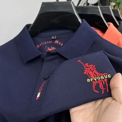 Men's Long Sleeve Polo Shirt Polyester Knit With Horse Embroidery