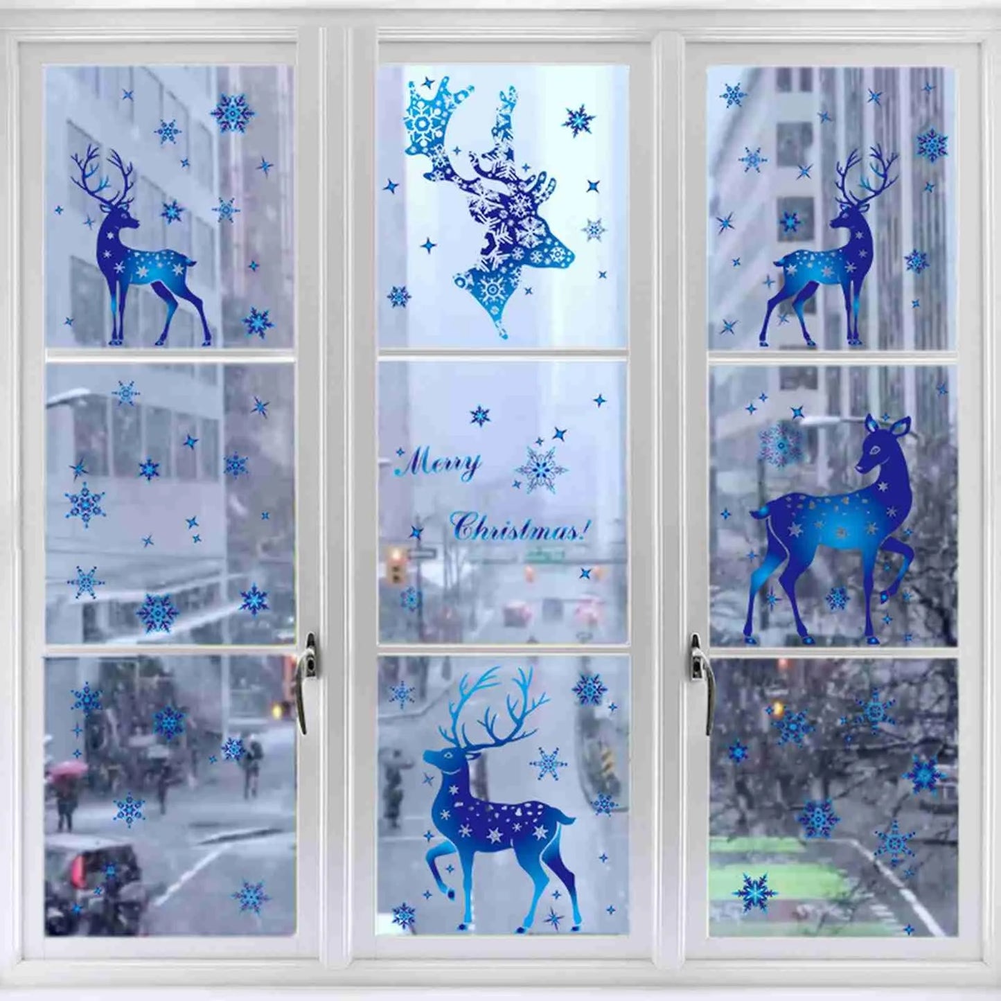 Holiday Window Clings – Blue Snowflake & Elk Christmas Static Stickers for Festive Wall & Glass Decor