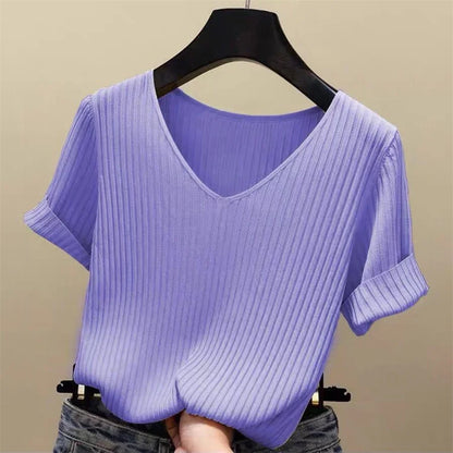 Women's Summer Short Sleeve Knitted Polyester Blouse V-Neck Top