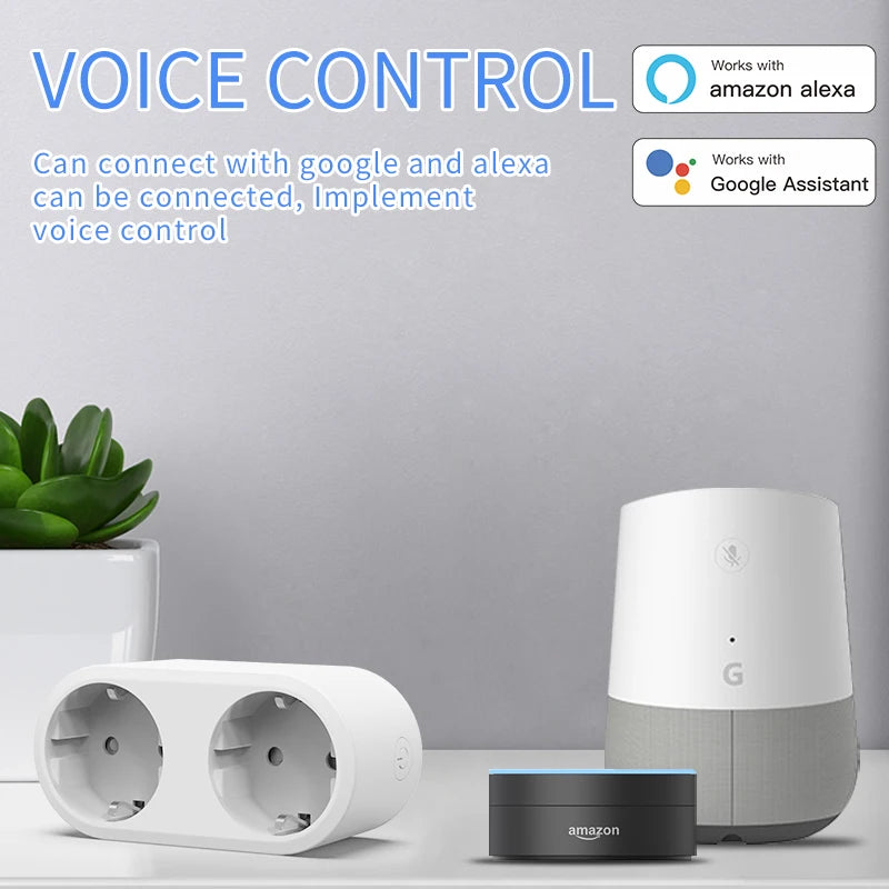 Tuya Wifi Smart Dual Plug Socket Eu 16A 20A 2 in 1 Function with Power Monitor Voice Control Smart Life Works with Alexa Google